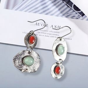 Boho Textured Silver Red Green Chalcedony Sister Earrings